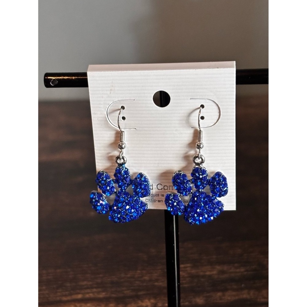 Blue Rhinestone Paw Print Dangle Earrings Kentucky Wildcat Blue Team Spirit